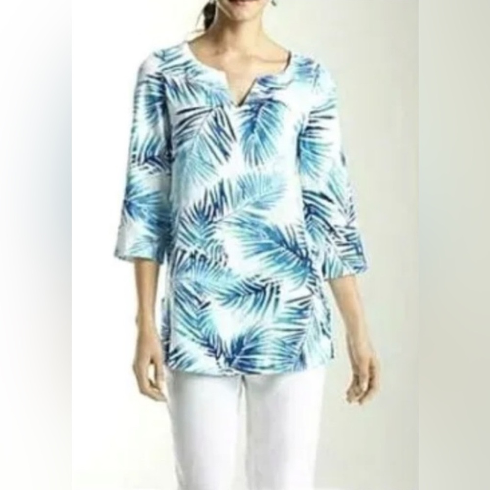 J. Jill Tunic Blue & White Linen Palm Leaf Tropical V Neck Top Large